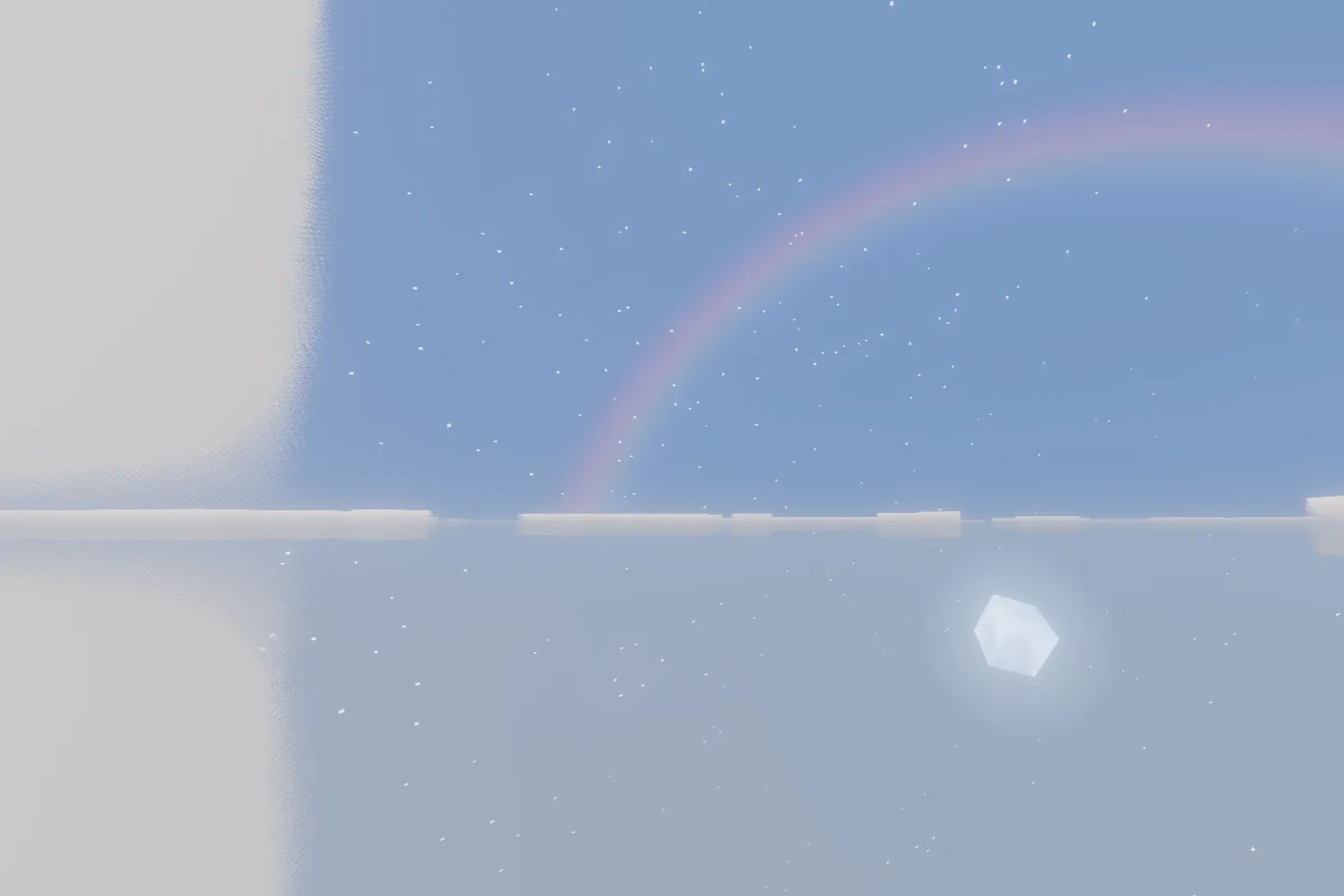Procedural rainbow arc during light rain at sunset